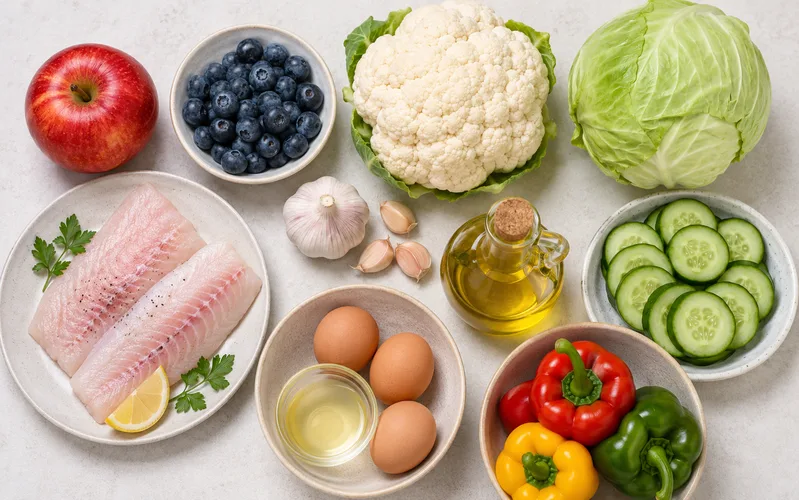 Táo, việt quất, súp lơ, bắp cải, tỏi, cá tươi, lòng trắng trứng, dầu ô liu, dưa leo và ớt chuông là các lựa chọn dễ áp dụng.